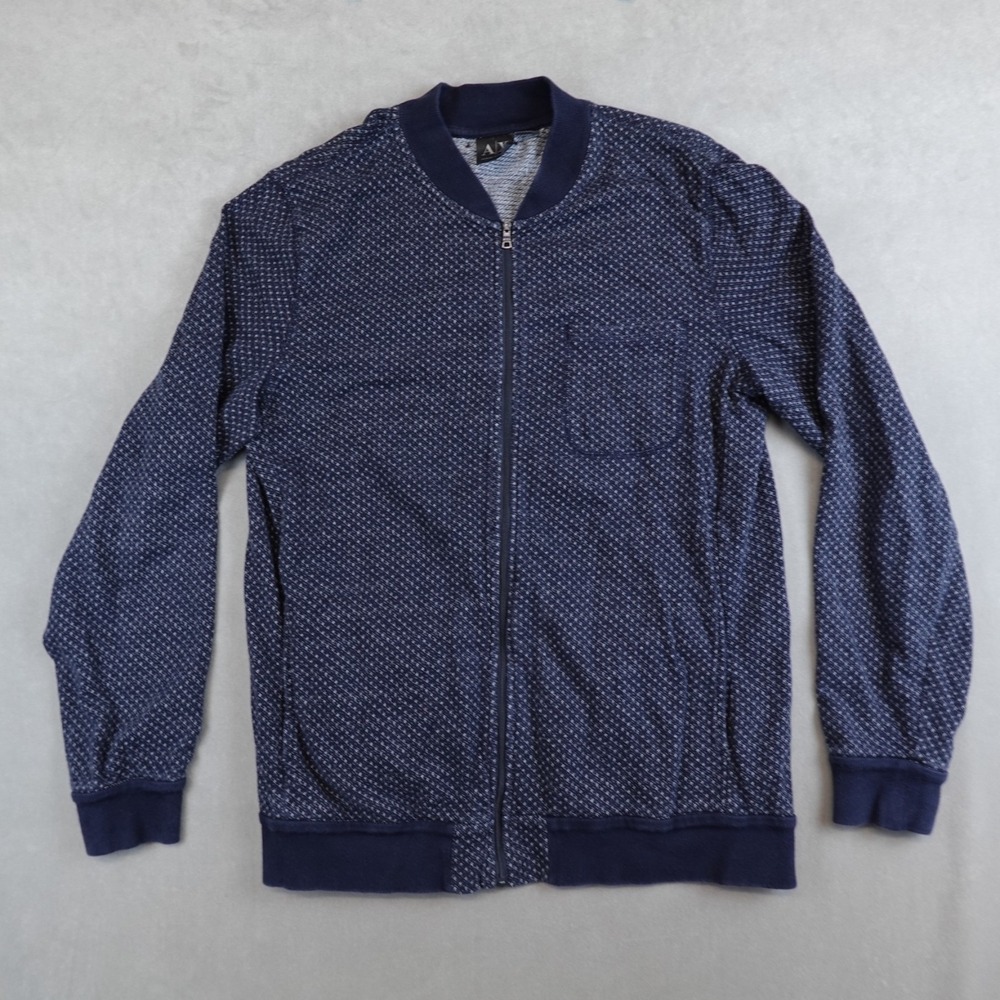 Armani Exchange Jacket Men Large Knit Sweater Zip Up AX Blue Pockets